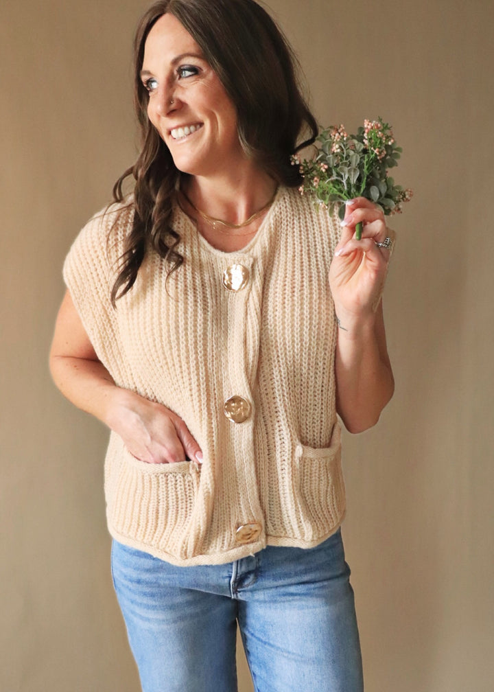 Oatmeal Big Metal Button Front Sweat Vest