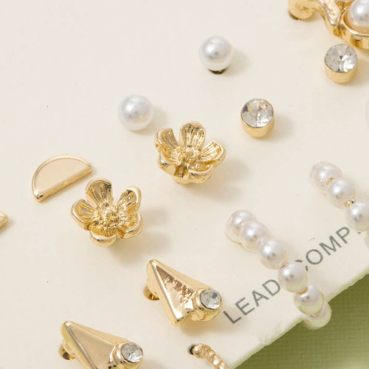 Mixed Pearl And Metallic 10 Pair Earrings Set