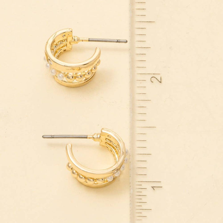 Mini Three Line Pearl Bead Hoop Earrings