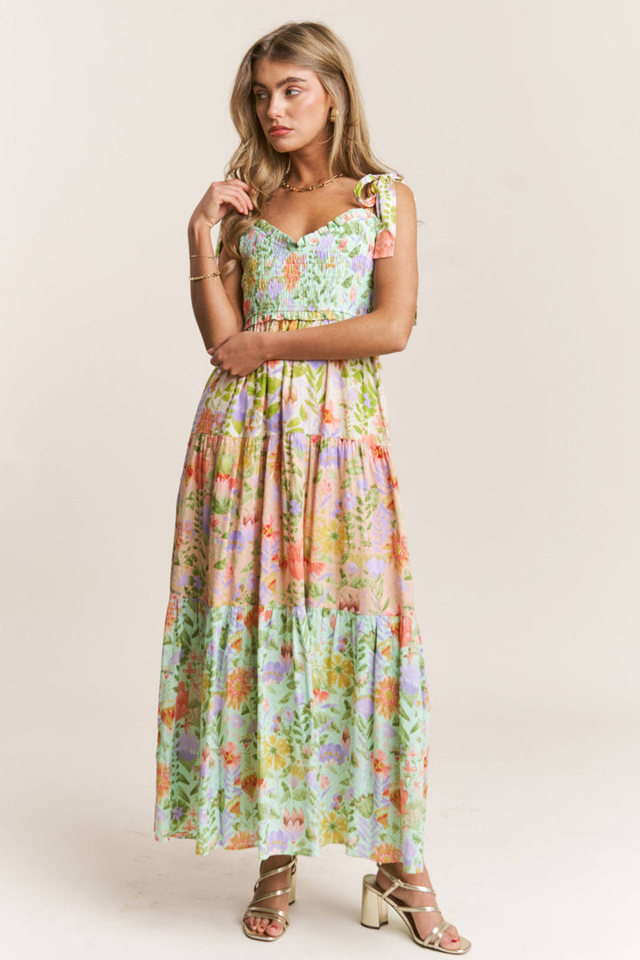 Smocked V-neck Tiered Multi Print Dress