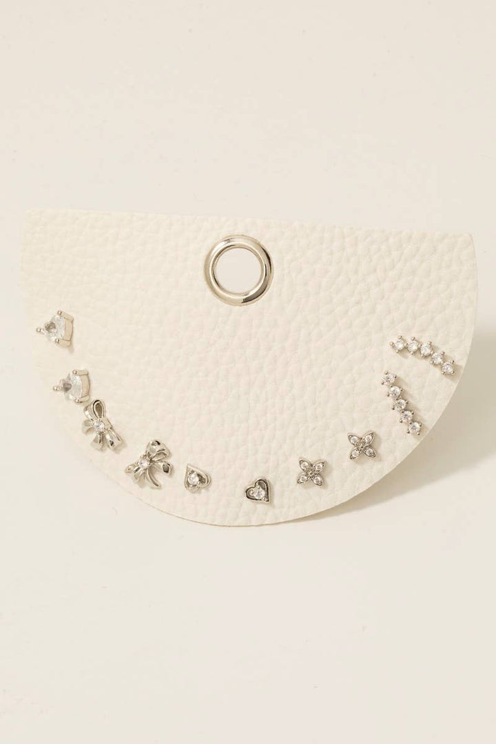 5Pc Cz Heart Clover And Ribbon Bow Stud Earrings Set