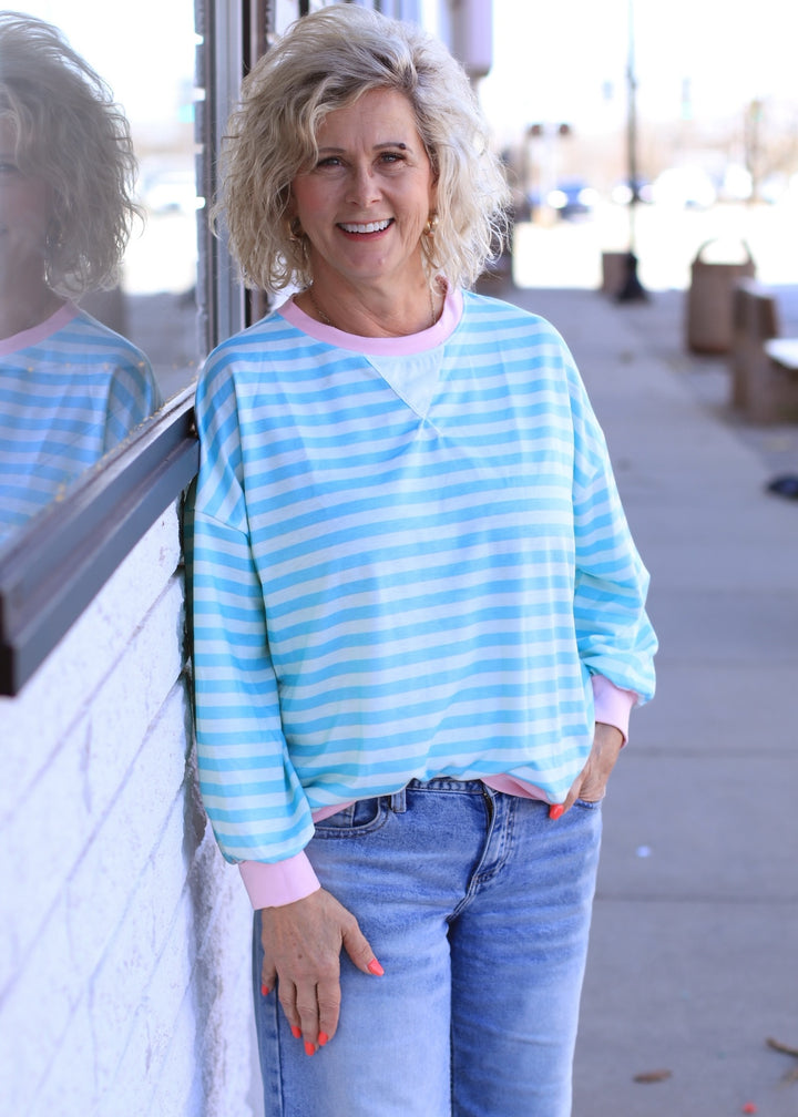 The Stevie Stripe Pullover in Mint/Fuchsia