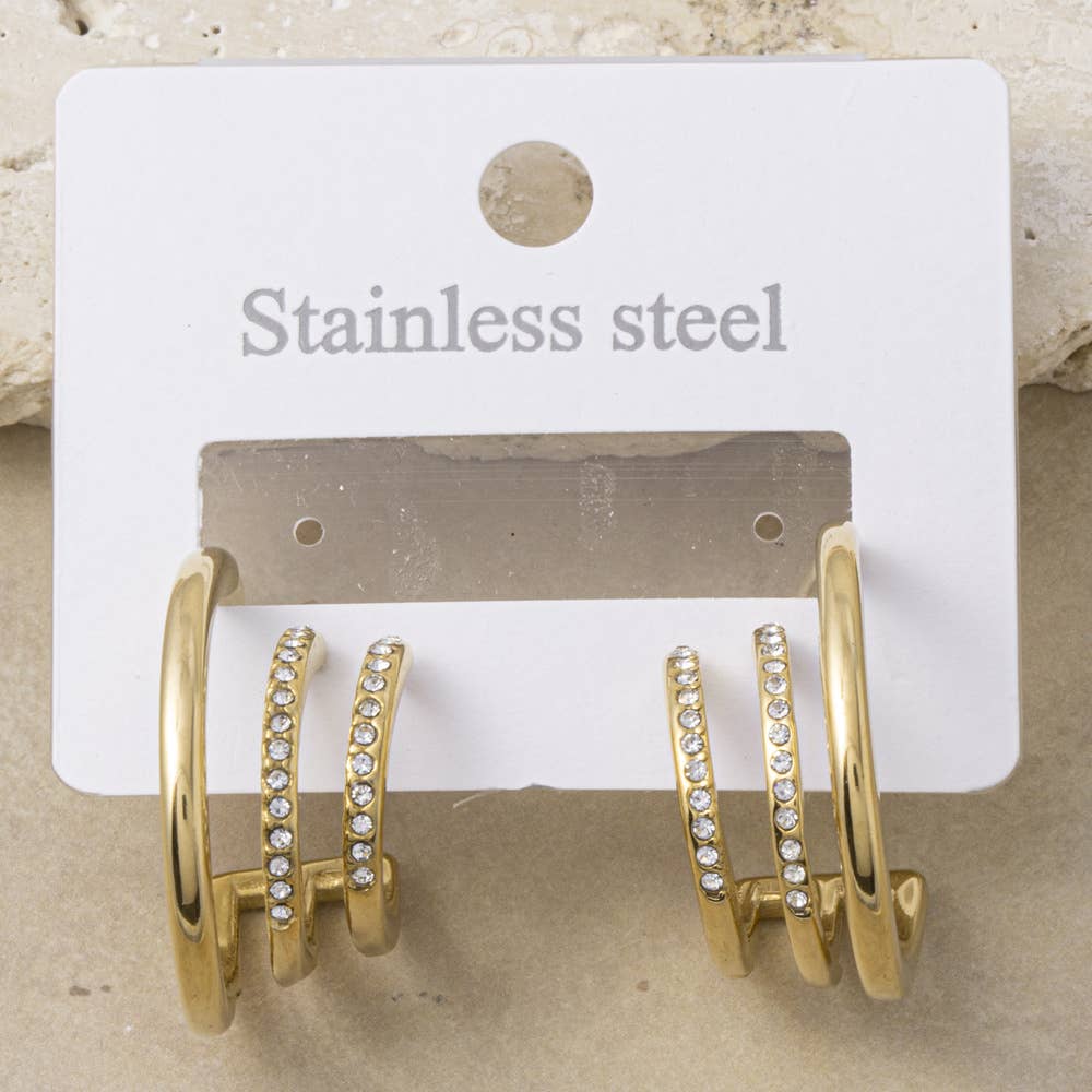 Stainless Steel Triple Band Cz Open Hoop Earrings