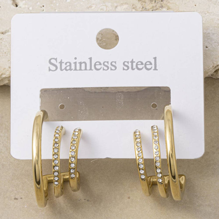 Stainless Steel Triple Band Cz Open Hoop Earrings