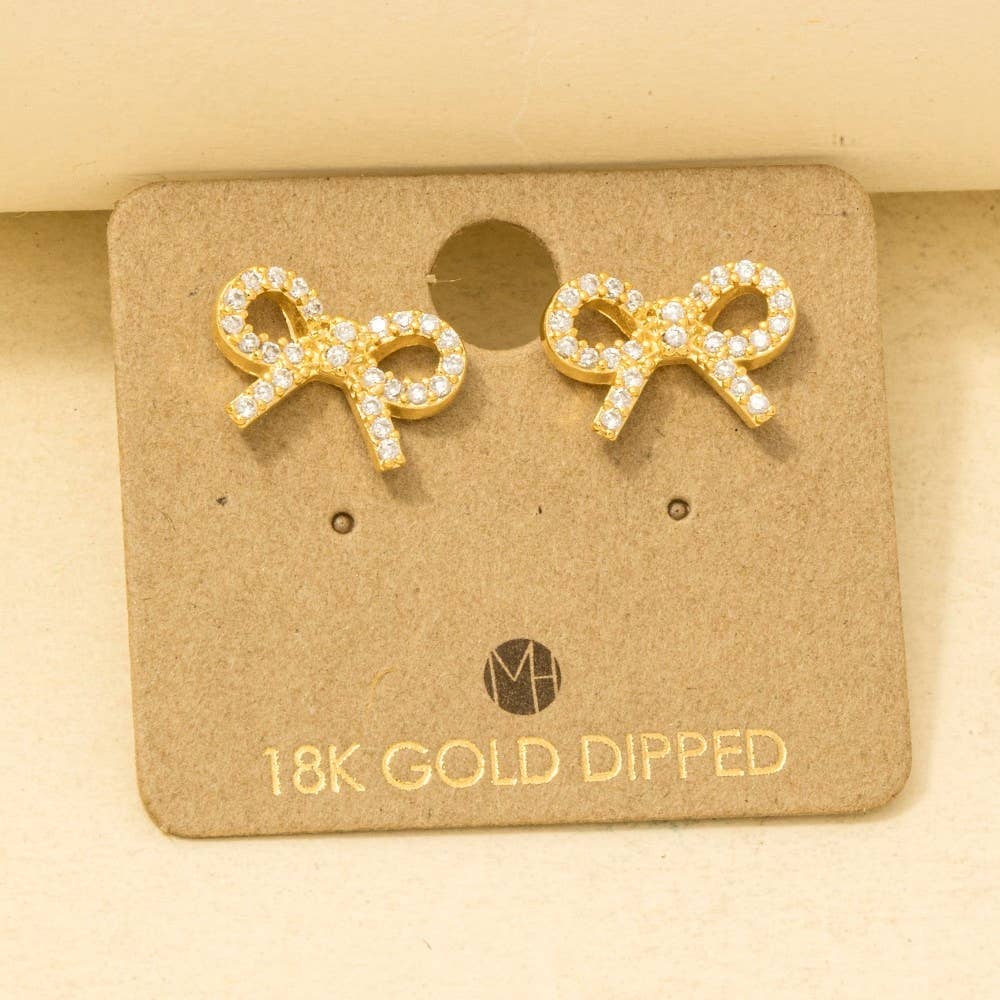 Gold Dipped Cz Pave Ribbon Bow Stud Earrings