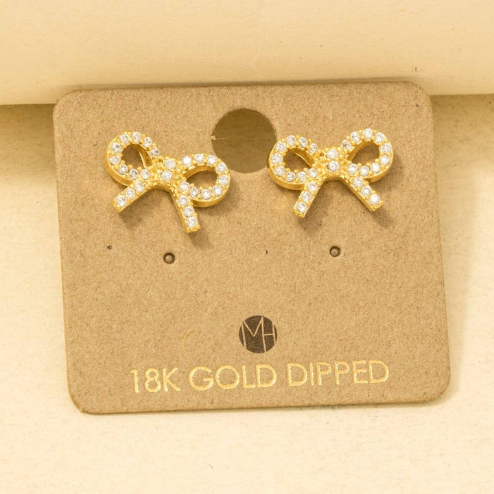 Gold Dipped Cz Pave Ribbon Bow Stud Earrings