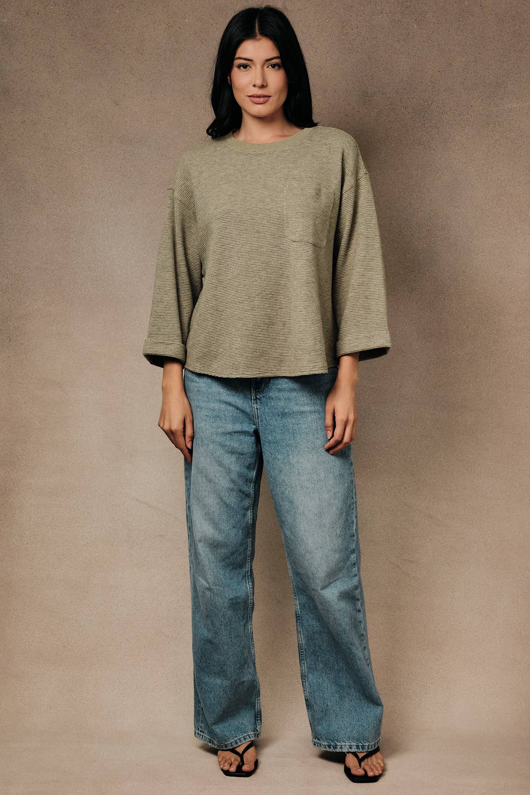 Round Neck 3/4 Cuffed Sleeve Pocket Ribbed Knit Top