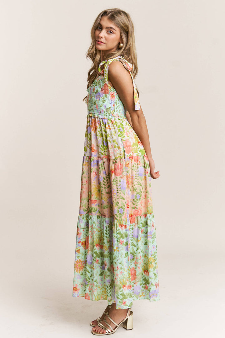 Smocked V-neck Tiered Multi Print Dress