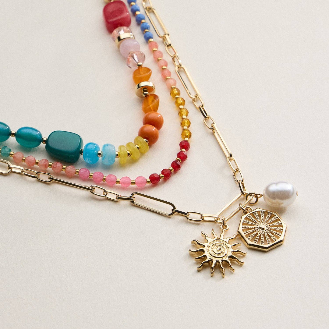 Layered Beaded and Chain Necklace with Sun and Pearl Charms | Gold Accent Design