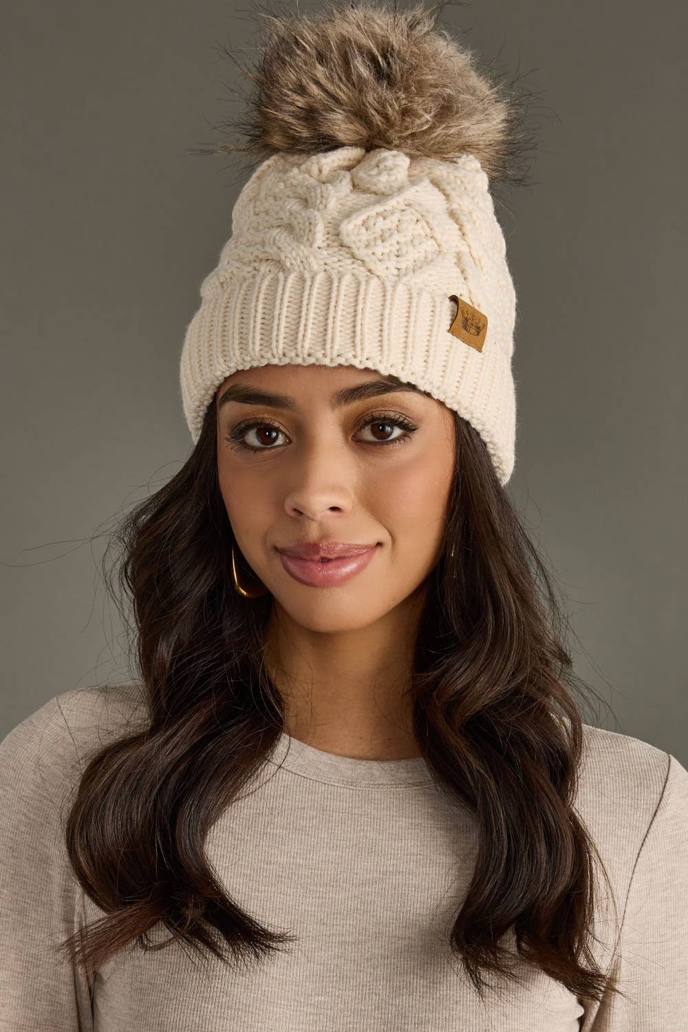 Beige Cable Knit Pom Hat