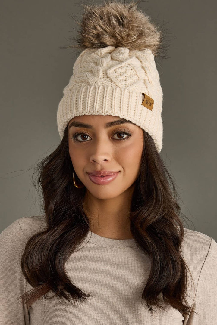 Beige Cable Knit Pom Hat