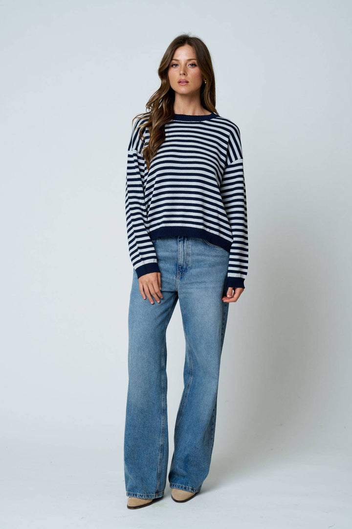 Oatmeal &amp; Brown Stripe Back Button Sweater
