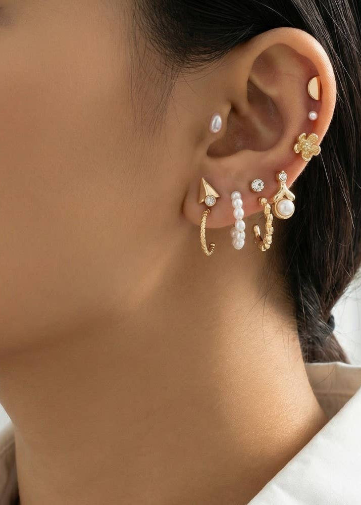 Mixed Pearl And Metallic 10 Pair Earrings Set