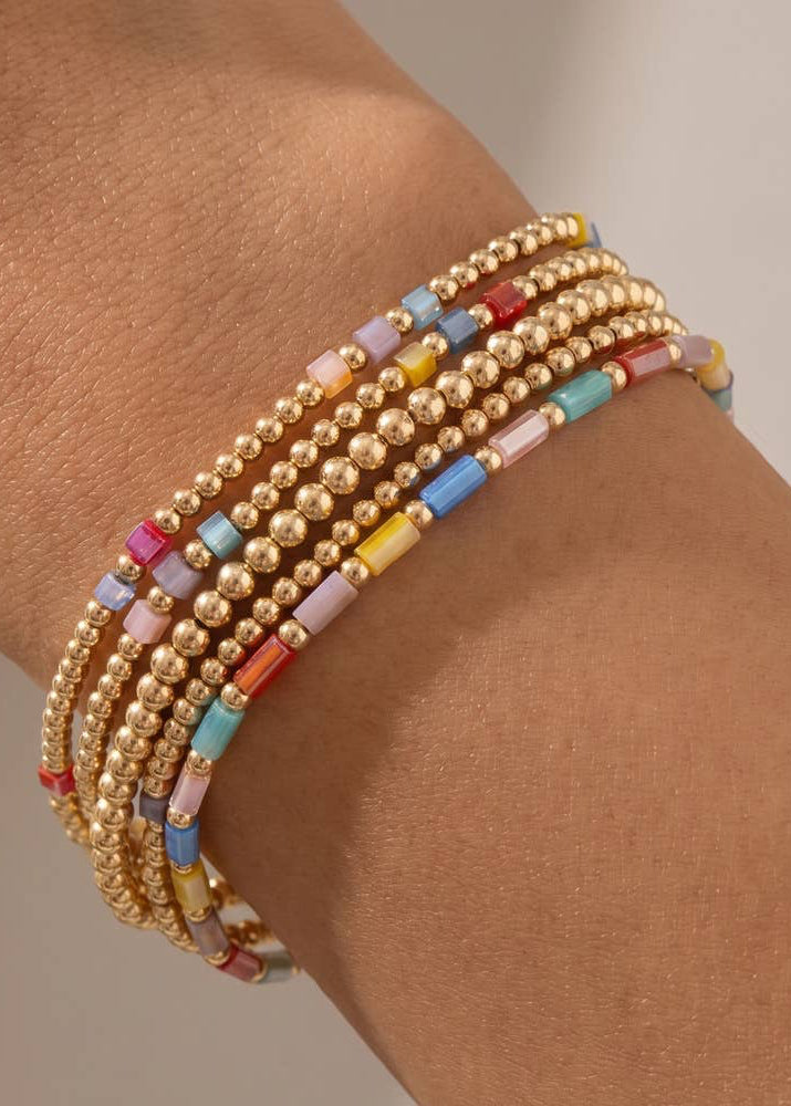 Ball Bead Stretch Bracelet Set With Crystal Accents