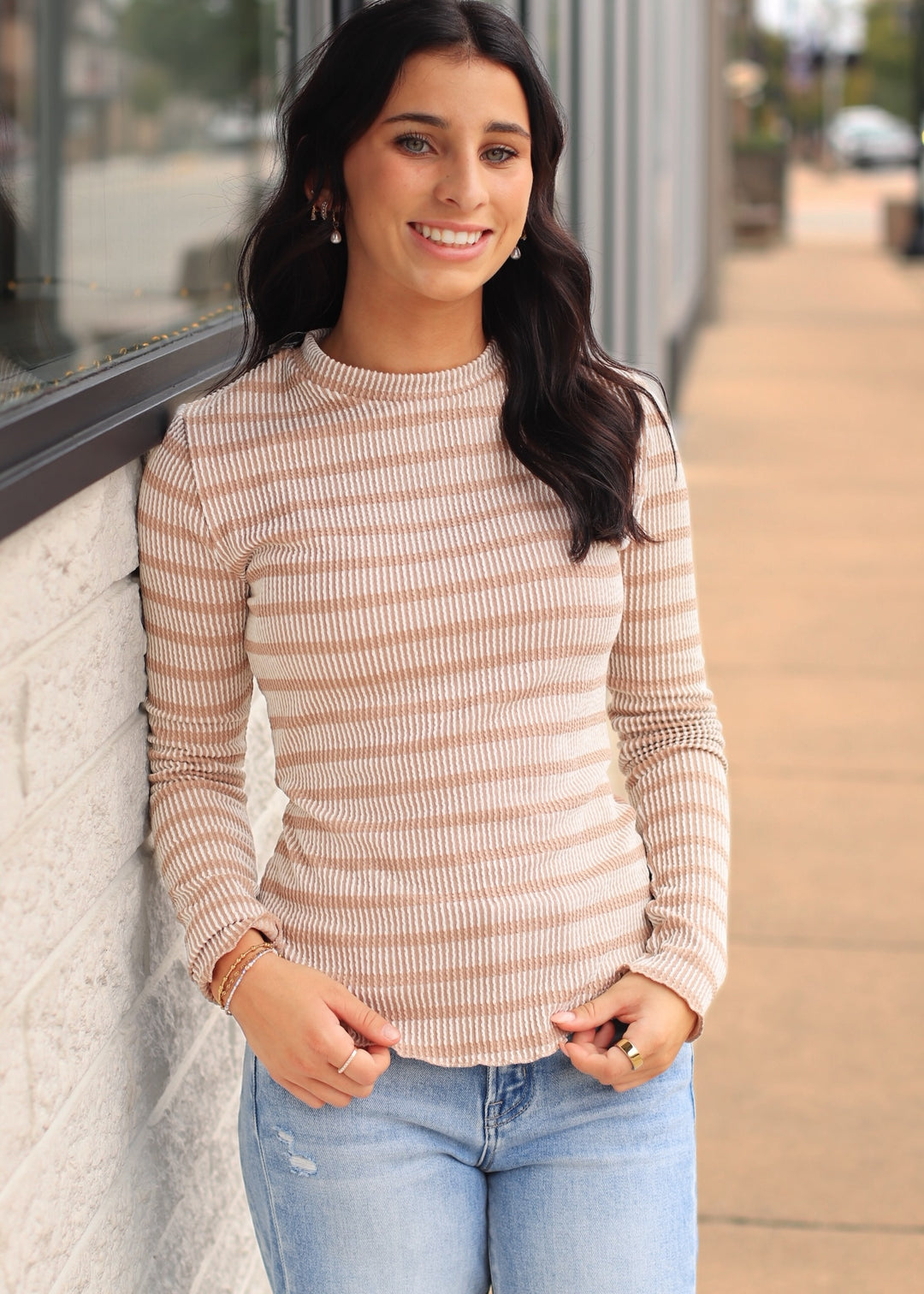 Taupe Striped Ribbed Knit Top