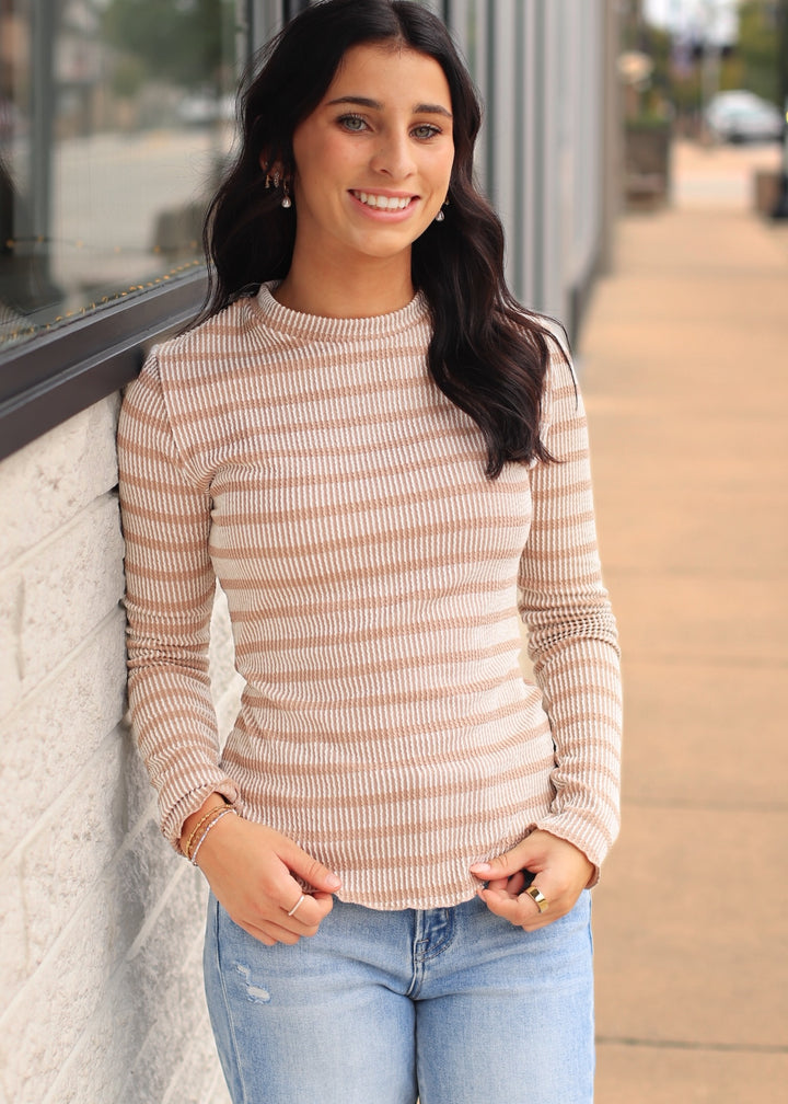 Taupe Striped Ribbed Knit Top
