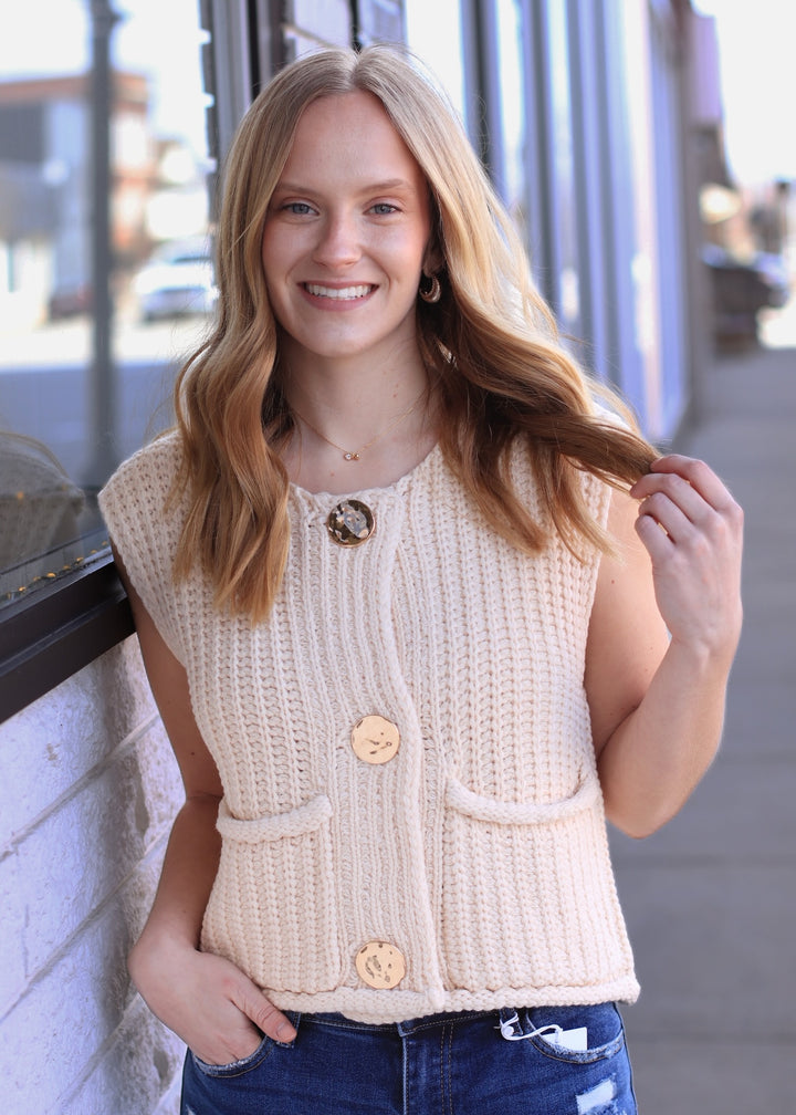 The Collins Gold Button Sweater Vest in Ivory