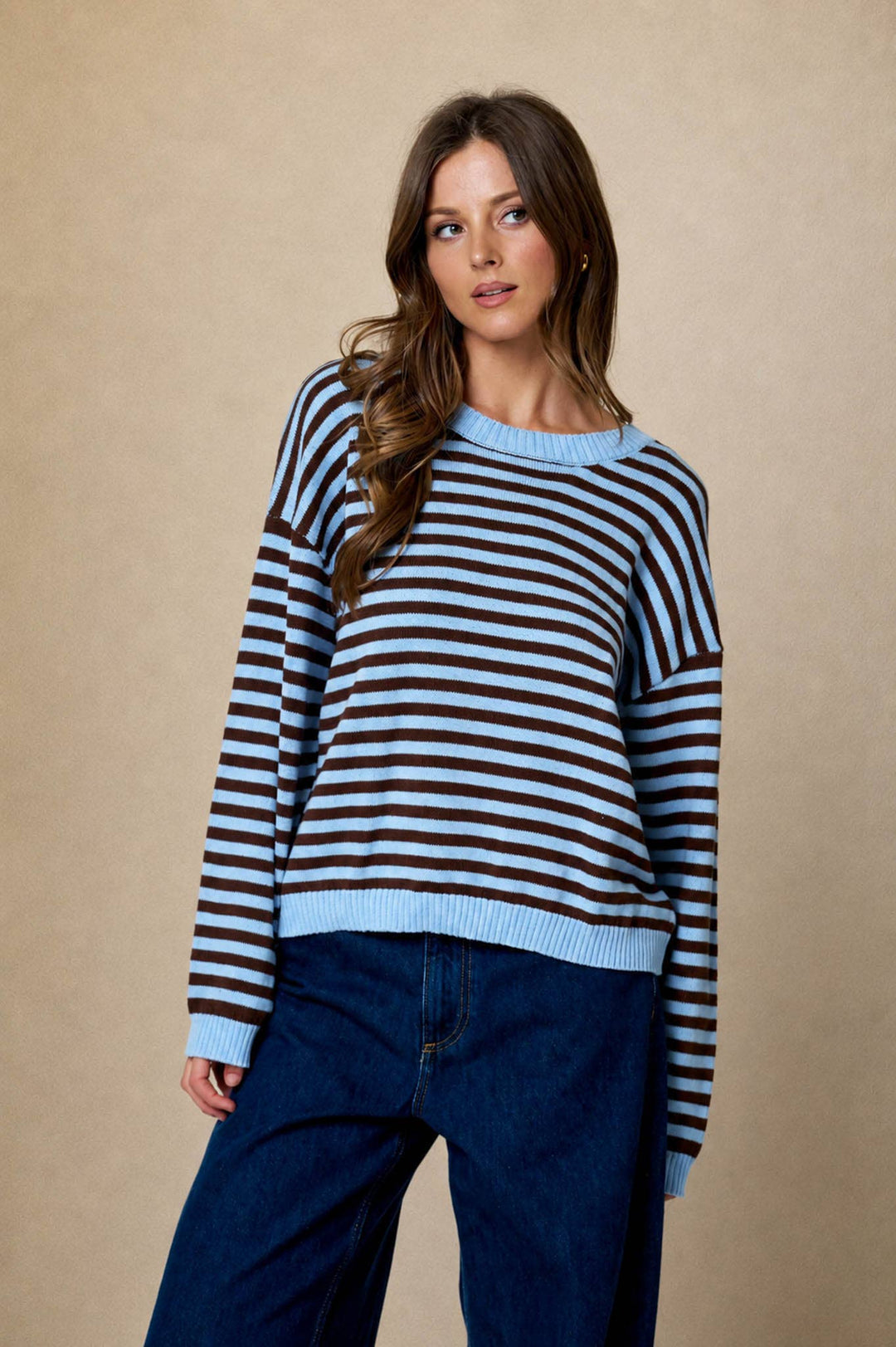 Oatmeal &amp; Brown Stripe Back Button Sweater