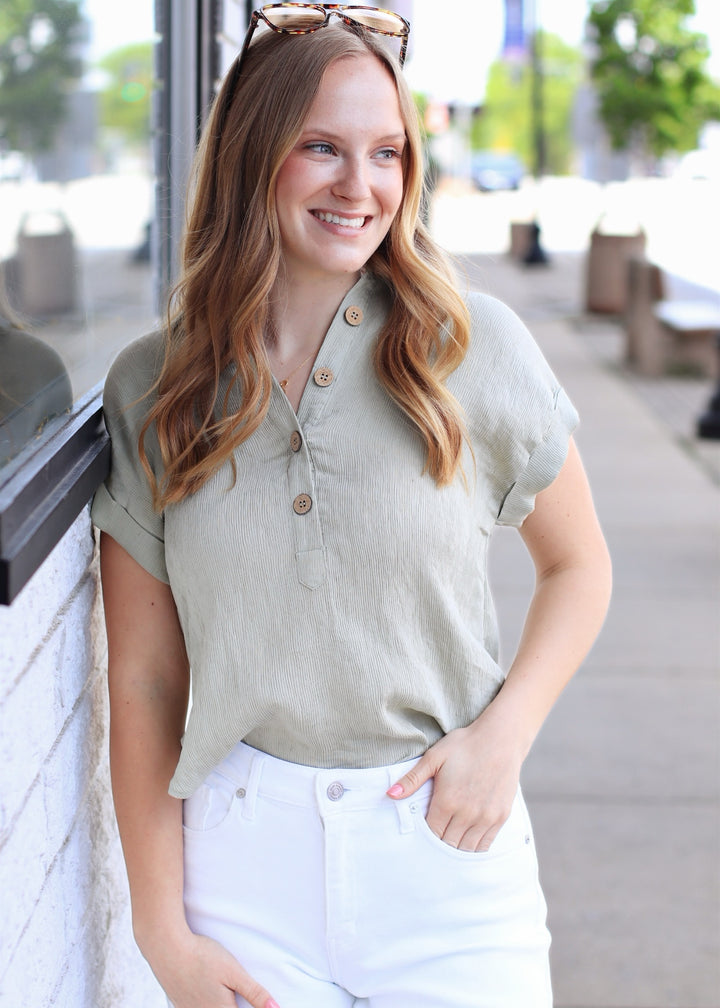 Olive Grove Cuff Sleeve Linen Top