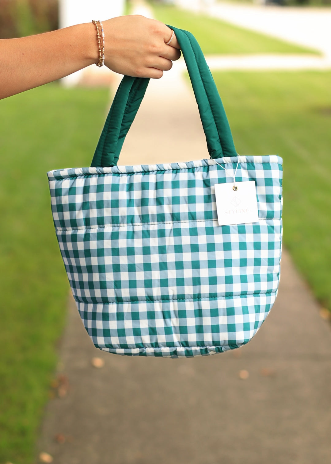 Green Gingham Check Mini Puffer Tote Bag