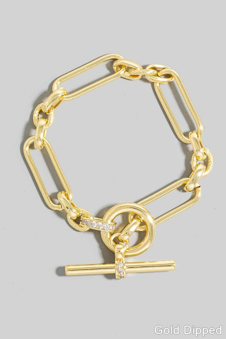 Gold Dipped Oval Chain Cz Pave Toggle Chain Bracelet