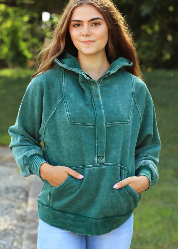 Deep Green Quarter Zip Acid Wash Fleece Oversized