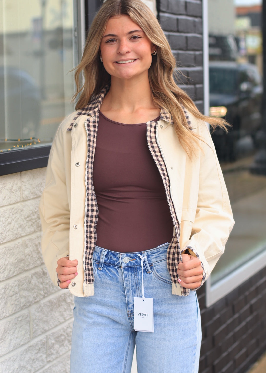 Vintage Oxford Canvas Twill Fall Jacket With Gingham Collar