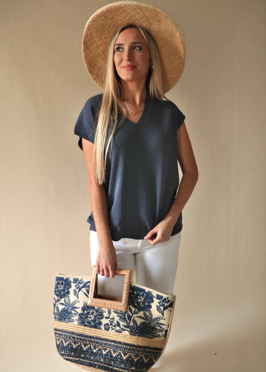 Floral Print Wooden Square Handle Tote Bag