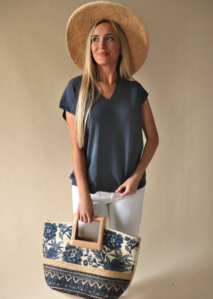 Floral Print Wooden Square Handle Tote Bag