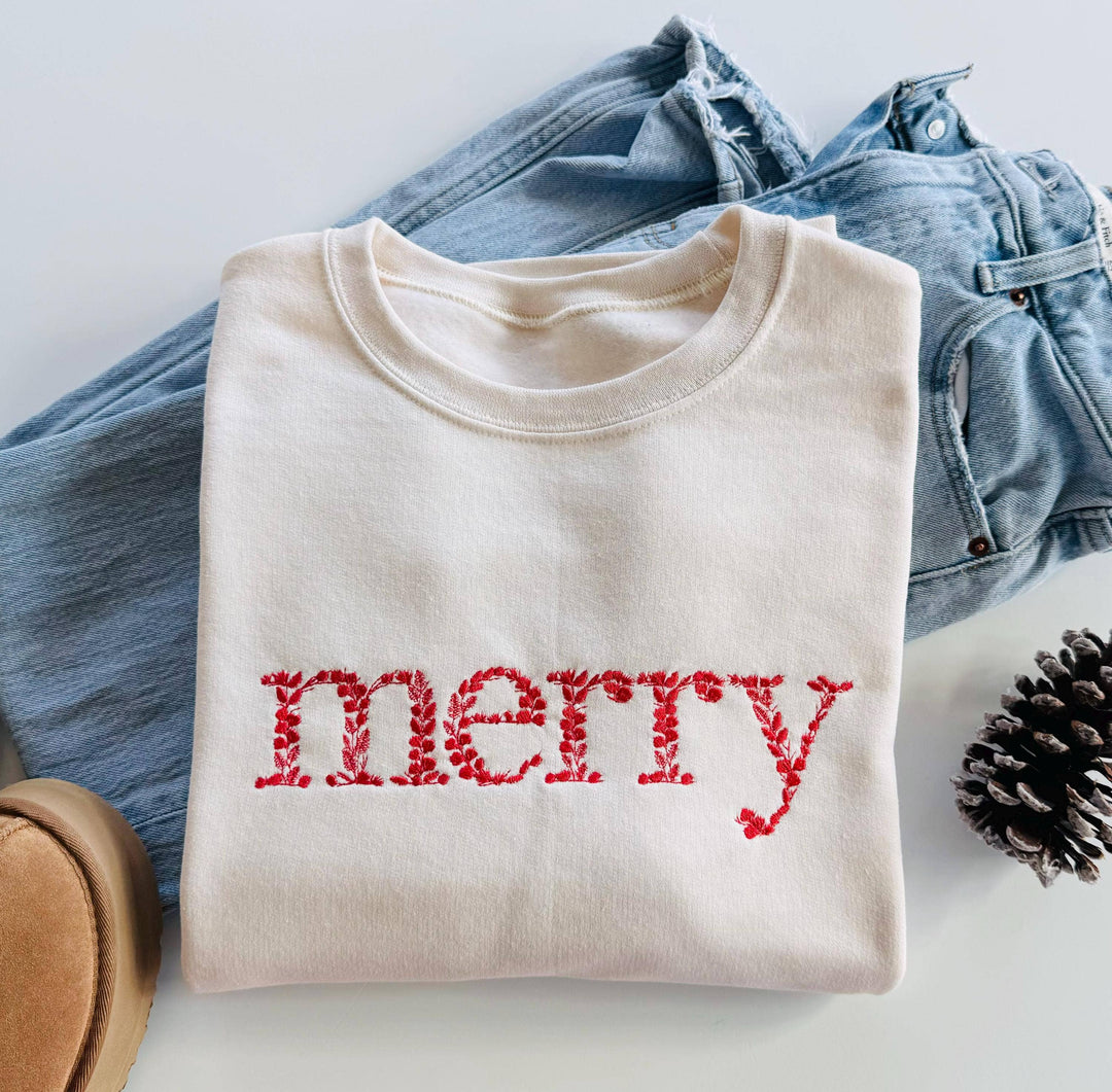 Floral Merry Christmas Embroidered Sweatshirt