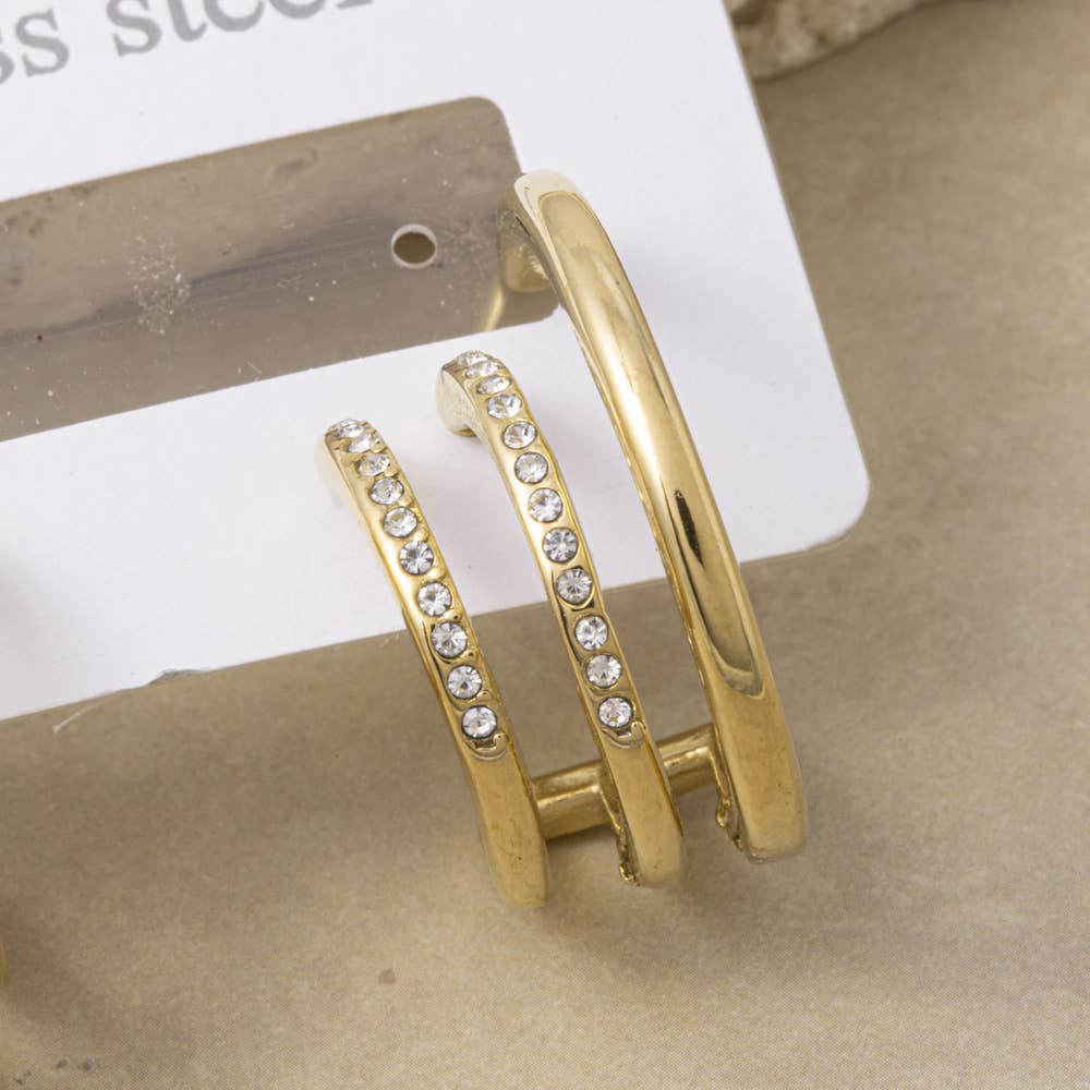 Stainless Steel Triple Band Cz Open Hoop Earrings