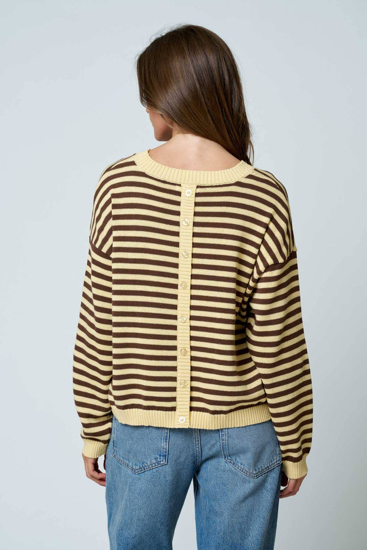Oatmeal &amp; Brown Stripe Back Button Sweater