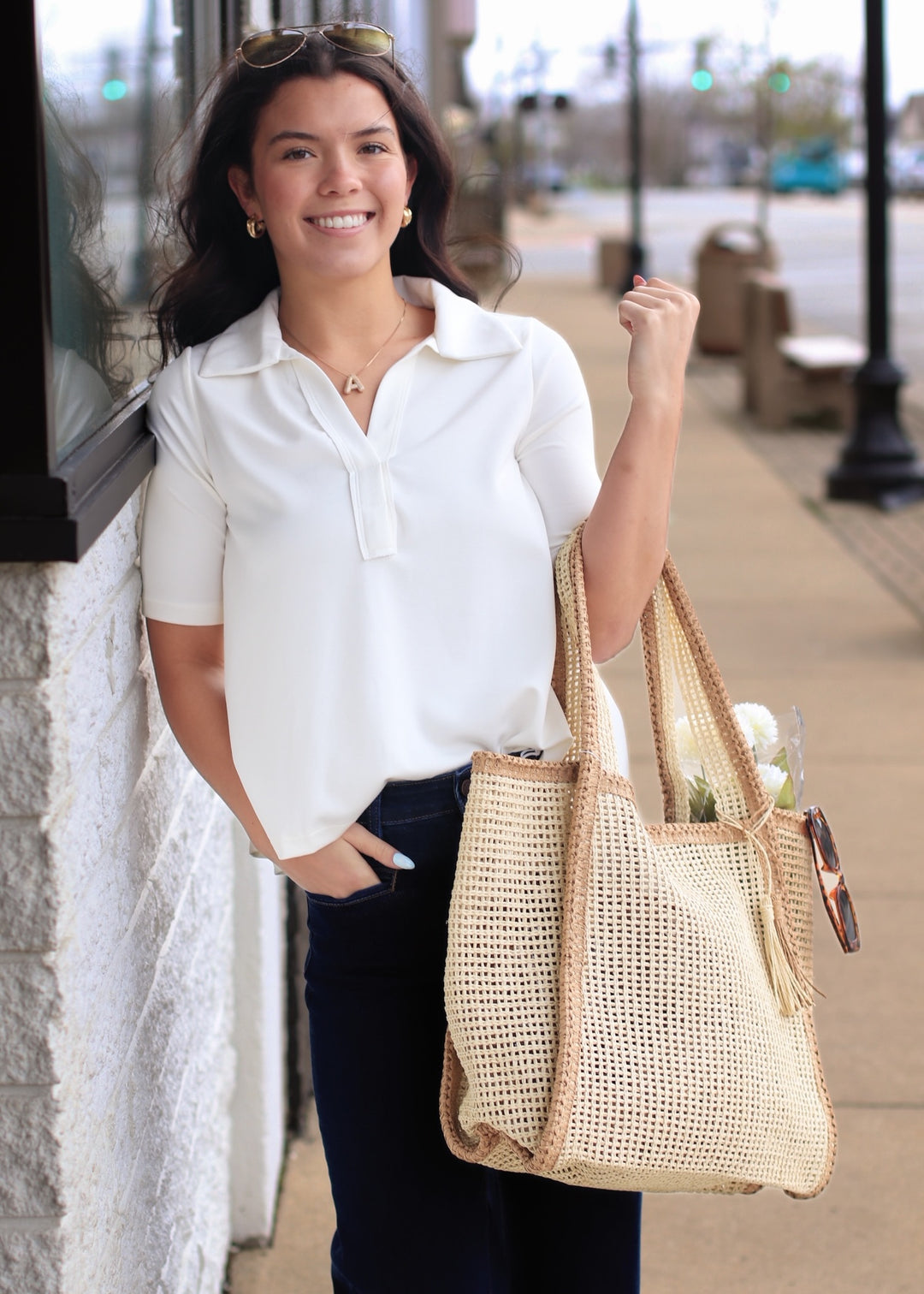 Polly Placket Half Sleeve  Polo Top  in Off White