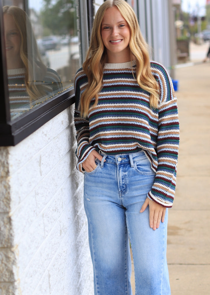 Ecru Combo Striped Boat Neck Sweater