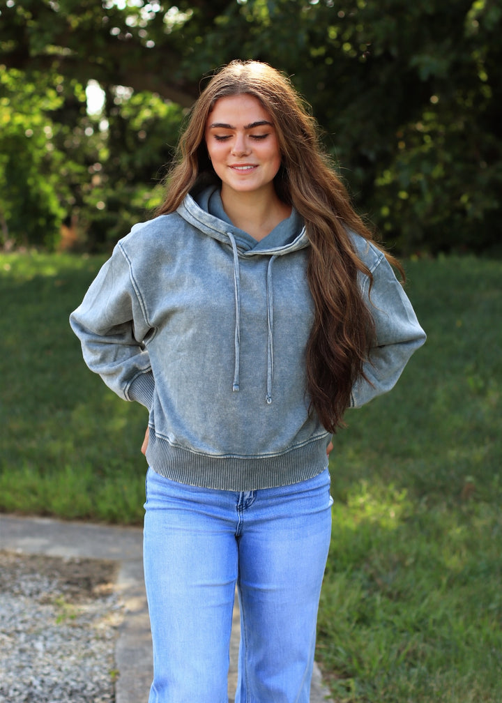 Ash Jade Acid Wash Fleece Cropped Hoodie