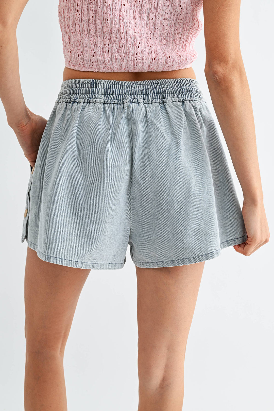 Wash Denim Drawstring Shorts Side Buttons