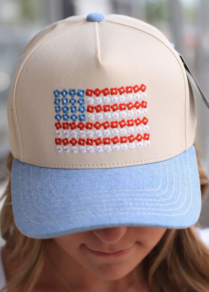 Floral American Flag Embroidered Two-Tone Denim Trucker Hat