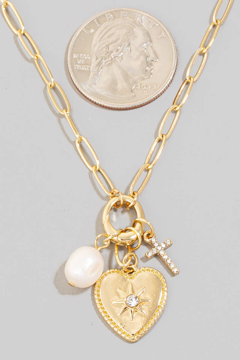 Pearl Cross And North Star Heart Charms Chain Necklace