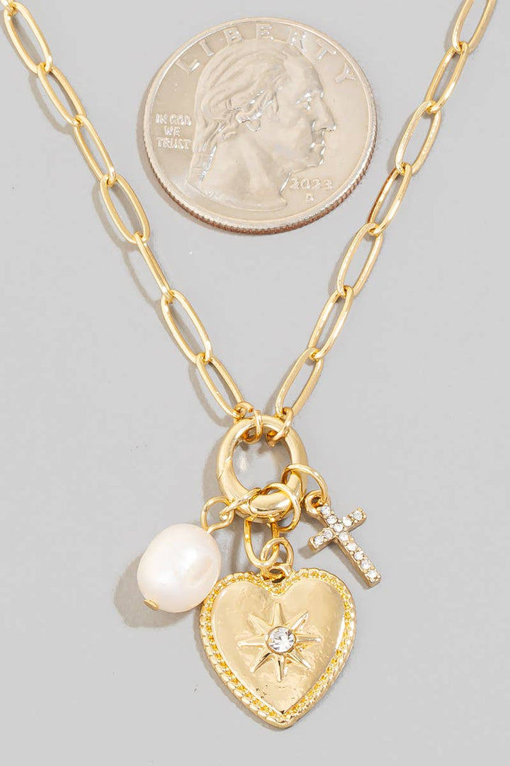 Pearl Cross And North Star Heart Charms Chain Necklace