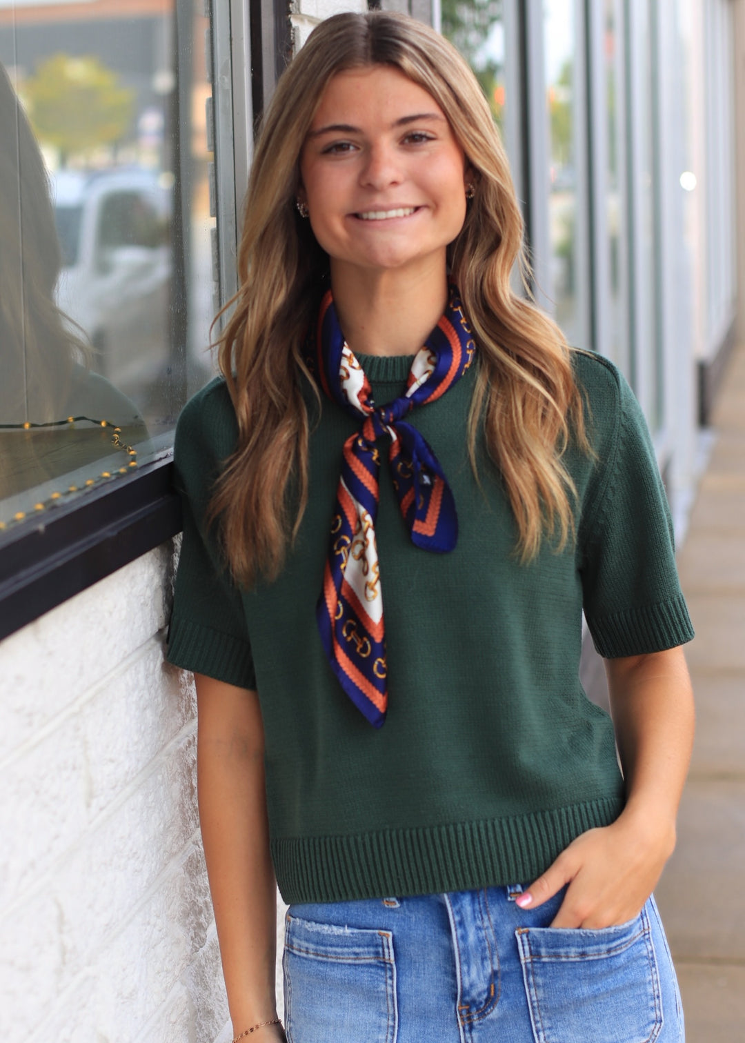 Classic Chain Print Square Scarf | Green &amp; Navy Border Silk-Feel Fashion Scarf