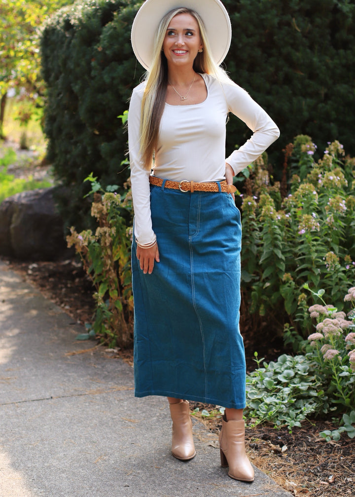 CLEARANCE FINAL SALE  Teal Corduroy Midi Skirt