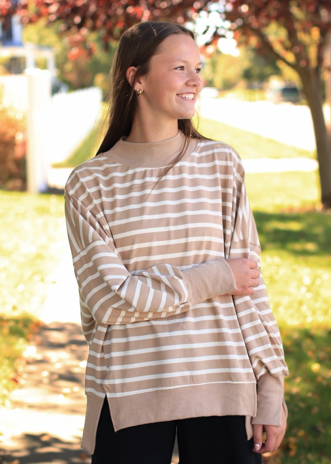 Striped Mock Neck Sweatshirt- Taupe/White