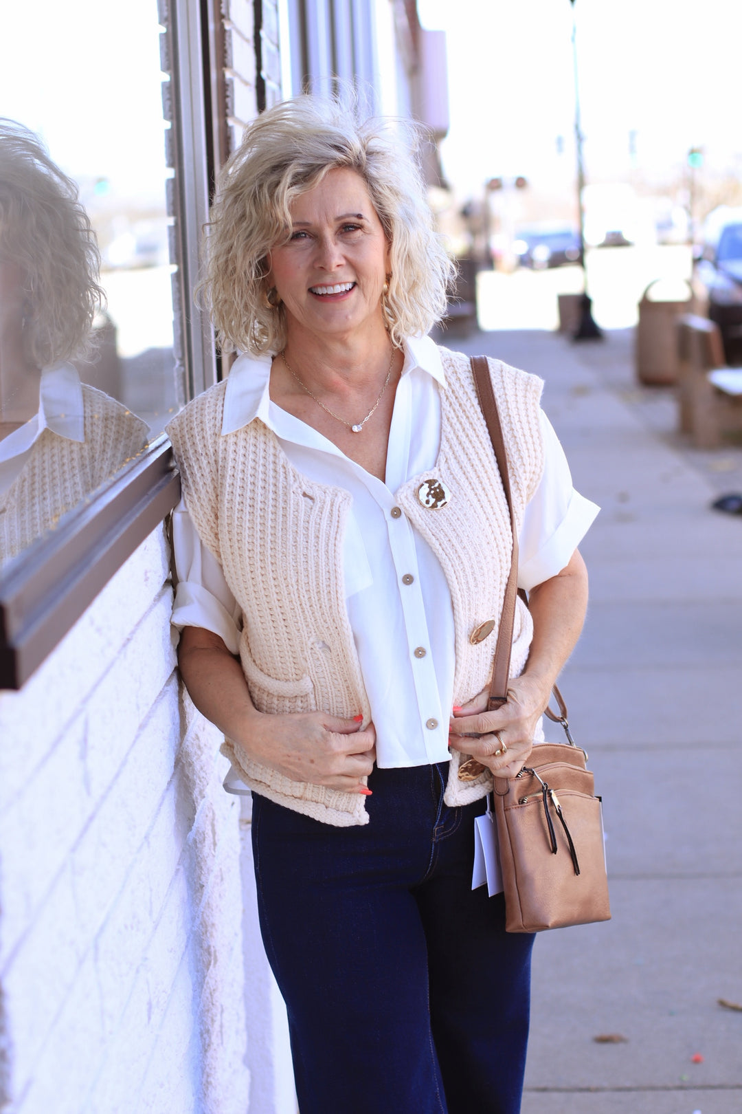 The Collins Gold Button Sweater Vest in Ivory