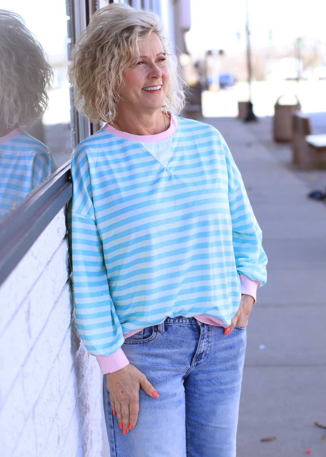 The Stevie Stripe Pullover in Mint/Fuchsia