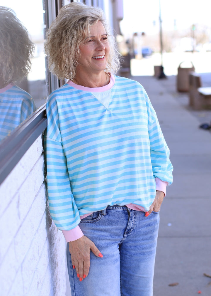 The Stevie Stripe Pullover in Mint/Fuchsia