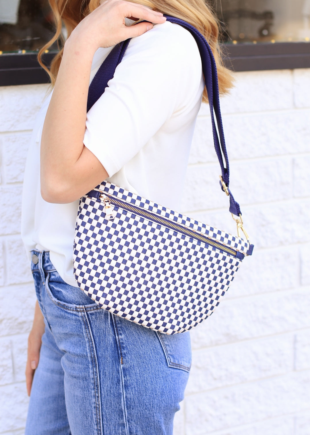 Westlyn Woven Bum Bag  Woven Checkered Navy