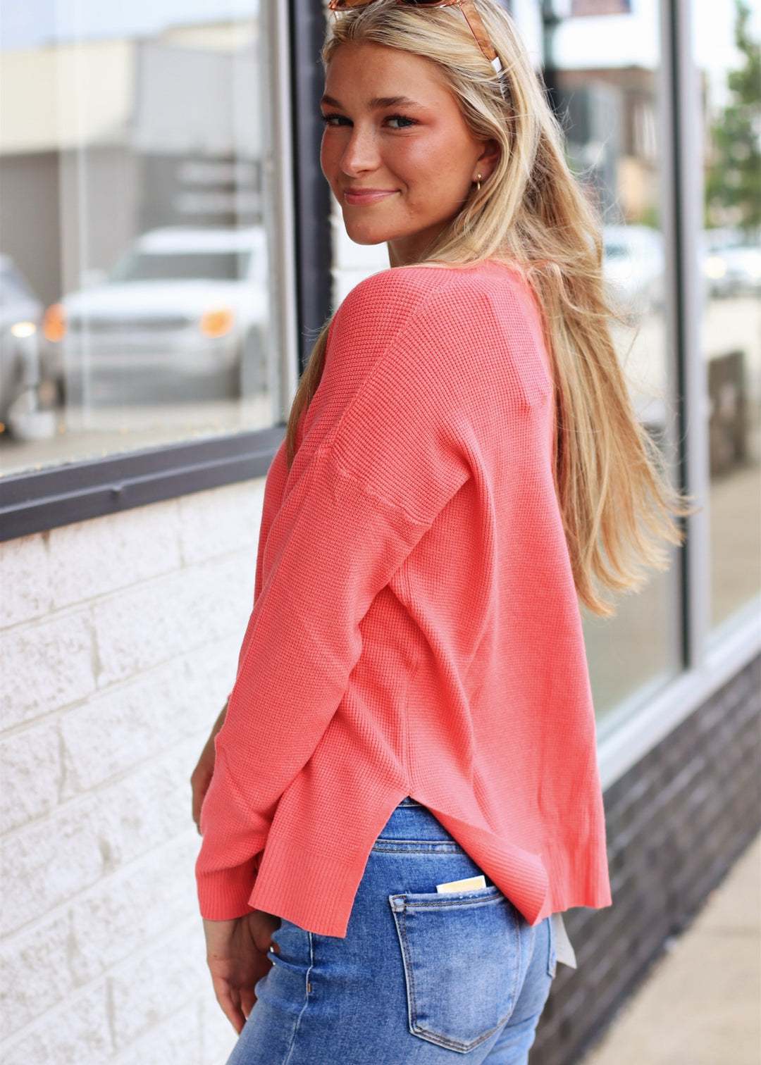 Waffle V-Neck Fine Gauge Sweater