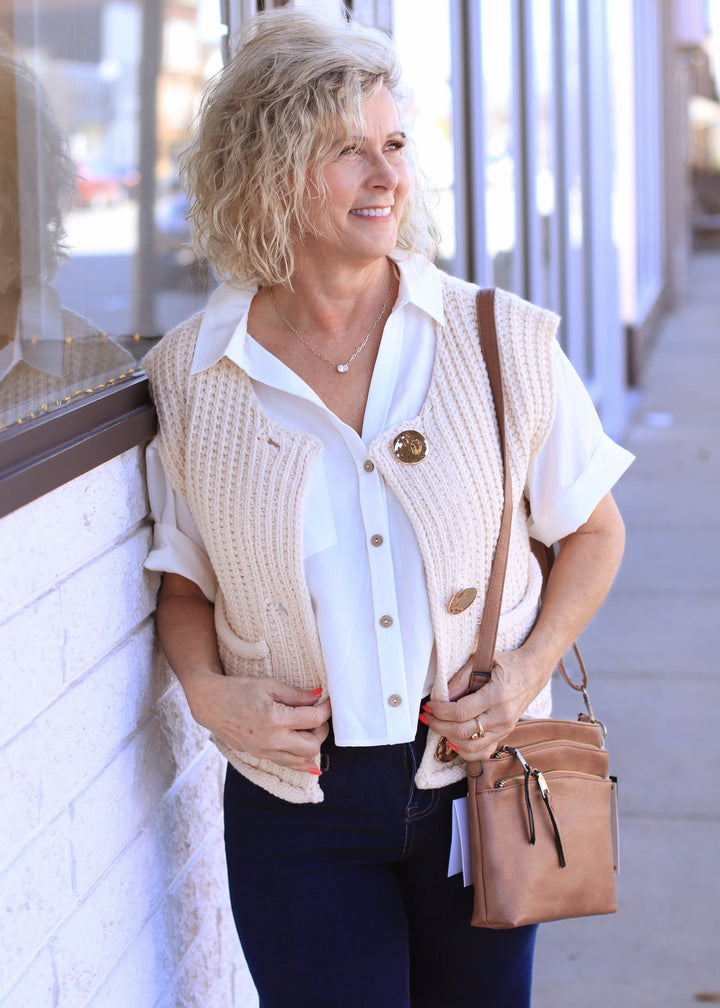 The Collins Gold Button Sweater Vest in Ivory