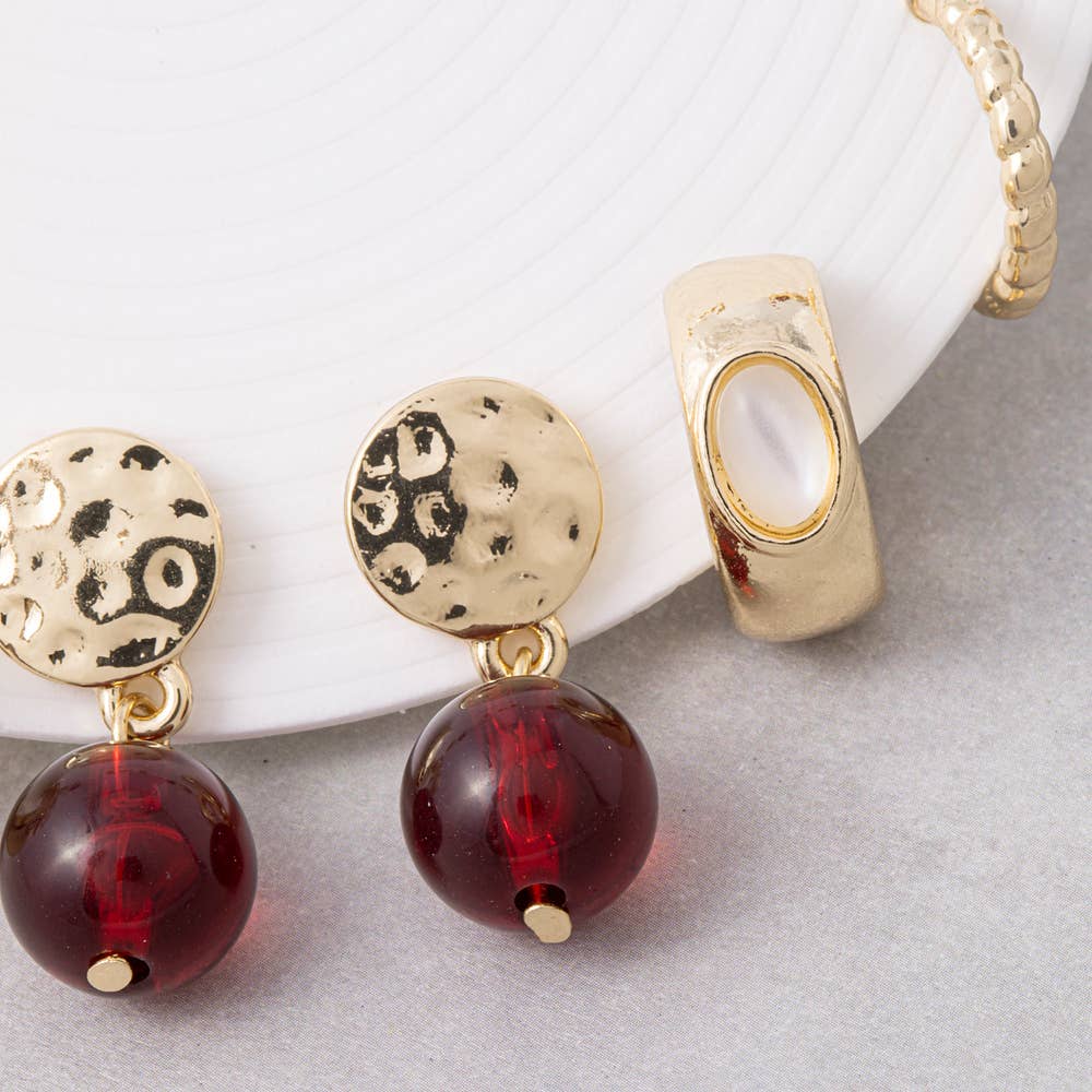 Stone Stud Huggie And Bead Drop Six Pair Earrings Set