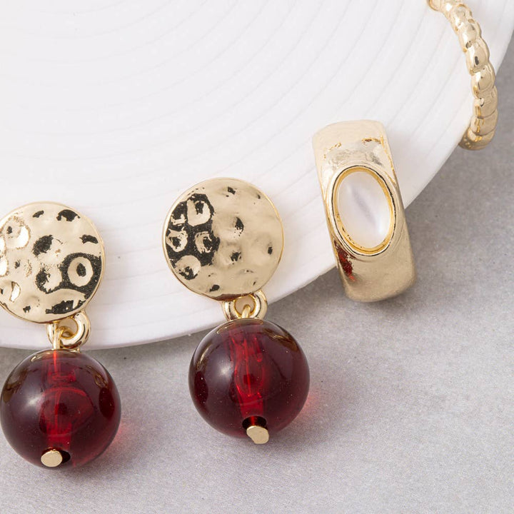 Stone Stud Huggie And Bead Drop Six Pair Earrings Set